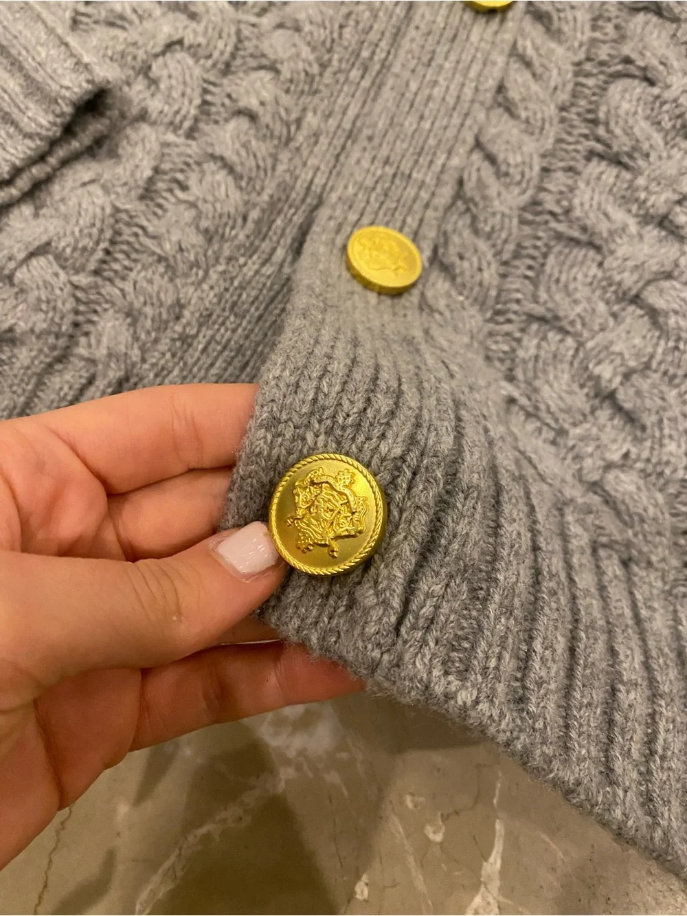 J. Crew Gray Cable-Knit Ruffle Collar Cardigan with Gold Buttons